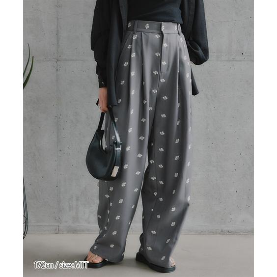 パンツ ワイドパンツ トールサイズ レディース 高身長 花柄刺しゅうツイルタック Essenave 夏 大きいサイズ ゆっ_6