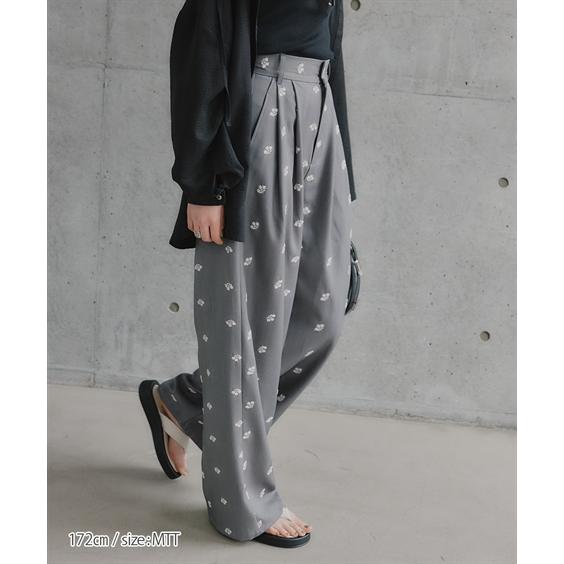 パンツ ワイドパンツ トールサイズ レディース 高身長 花柄刺しゅうツイルタック Essenave 夏 大きいサイズ ゆっ_7