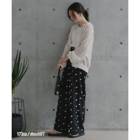 パンツ ワイドパンツ トールサイズ レディース 高身長 花柄刺しゅうツイルタック Essenave 夏 大きいサイズ ゆっ_11