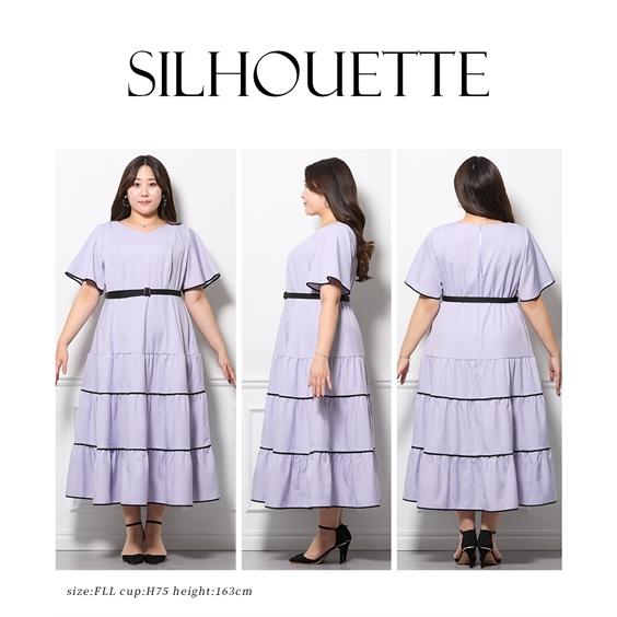 ワンピース ロング マキシ レディース 大きい胸専用 るなさんコラボ 配色パイピングティアード 夏 ひざ下 ニッ_14