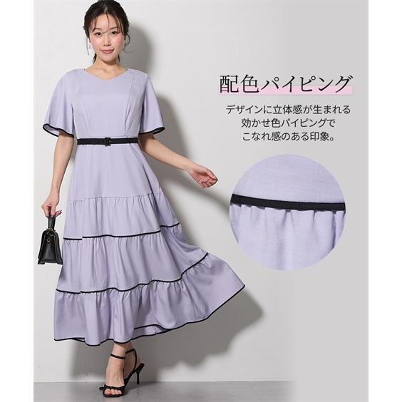 ワンピース ロング マキシ レディース 大きい胸専用 るなさんコラボ 配色パイピングティアード 夏 ひざ下 ニッ_18