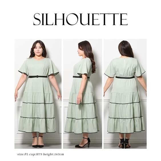 ワンピース ロング マキシ レディース 大きい胸専用 るなさんコラボ 配色パイピングティアード 夏 ひざ下 ニッ_12