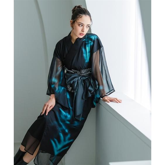 浴衣 レディース 花柄 プリント シアー セット 簡易ゆかた＋帯 〔Callarus〕 春 夏 秋 冬 ゆかた 大人 花火大会 和装 ニッセン nissenの画像