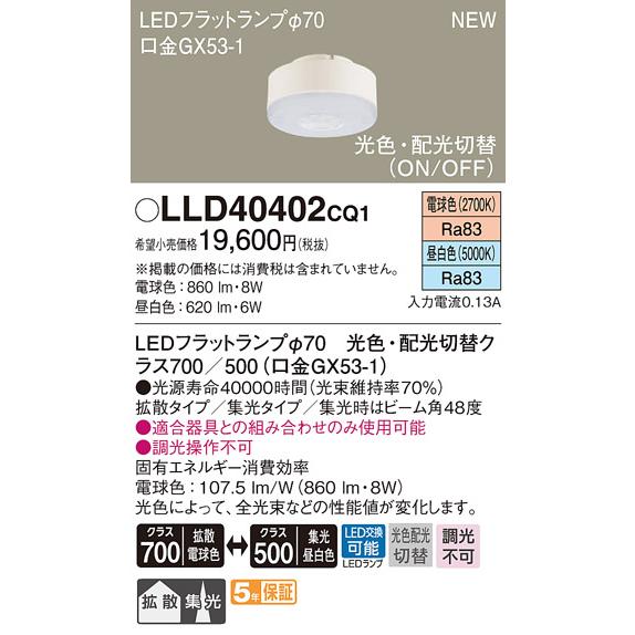 LED電球 LEDフラットランプ パナソニック LLD40402CQ1 Φ70 光色・配光切替(拡散電球色⇔集光昼白色) Panasonic_1