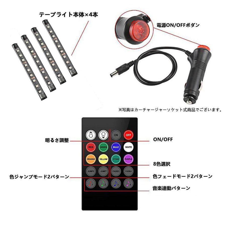 ledライトバー 車用 LEDテープライト RGB 調色調光 音に反応 カーチャージャー式 USB式 車内装飾用 防水 全8色 車用イルミネーション 足下照明 リモコン付き｜nissin-lux｜04