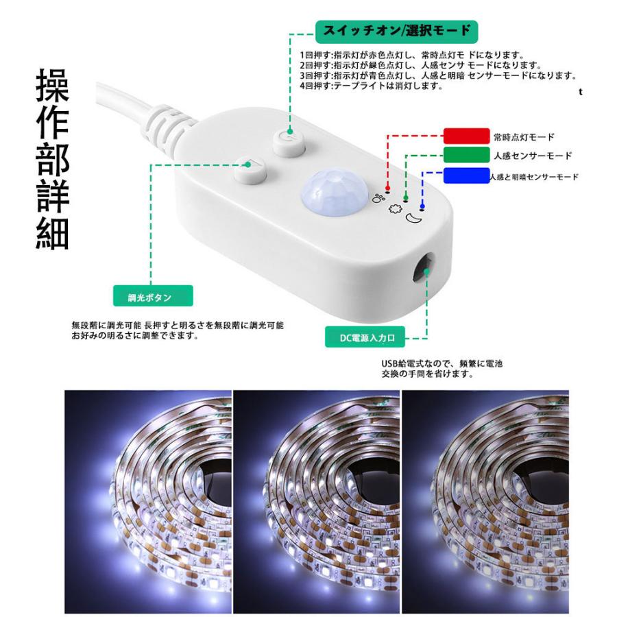 LED テープライト 人感センサー付き 2m USB式 SMD3258 5V LEDテープ 階段 間接照明 棚下照明 フロアライト 足元灯 調光対応｜nissin-lux｜05