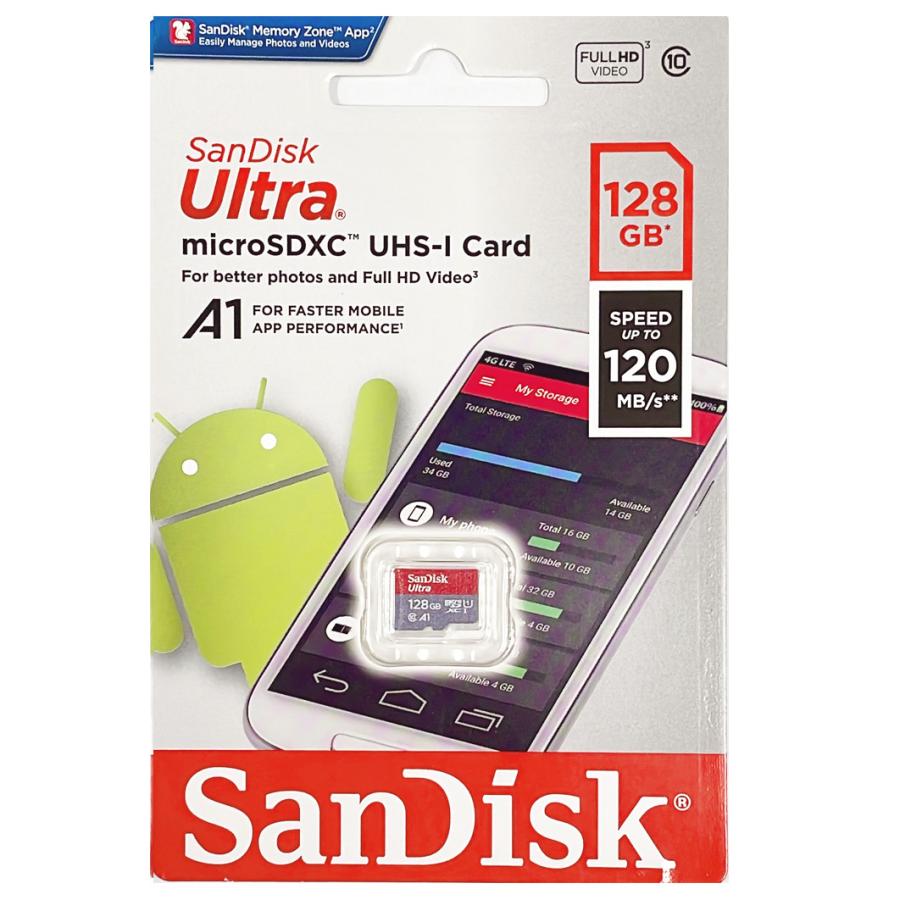 microsdカード 128GB SanDisk サンディスク 120MB/秒 アプリ最適化 A1対応 microSDXC Class10 超高速 海外向けパッケージ SDカード変換アダプター付き 送料無料｜nissin-lux｜03