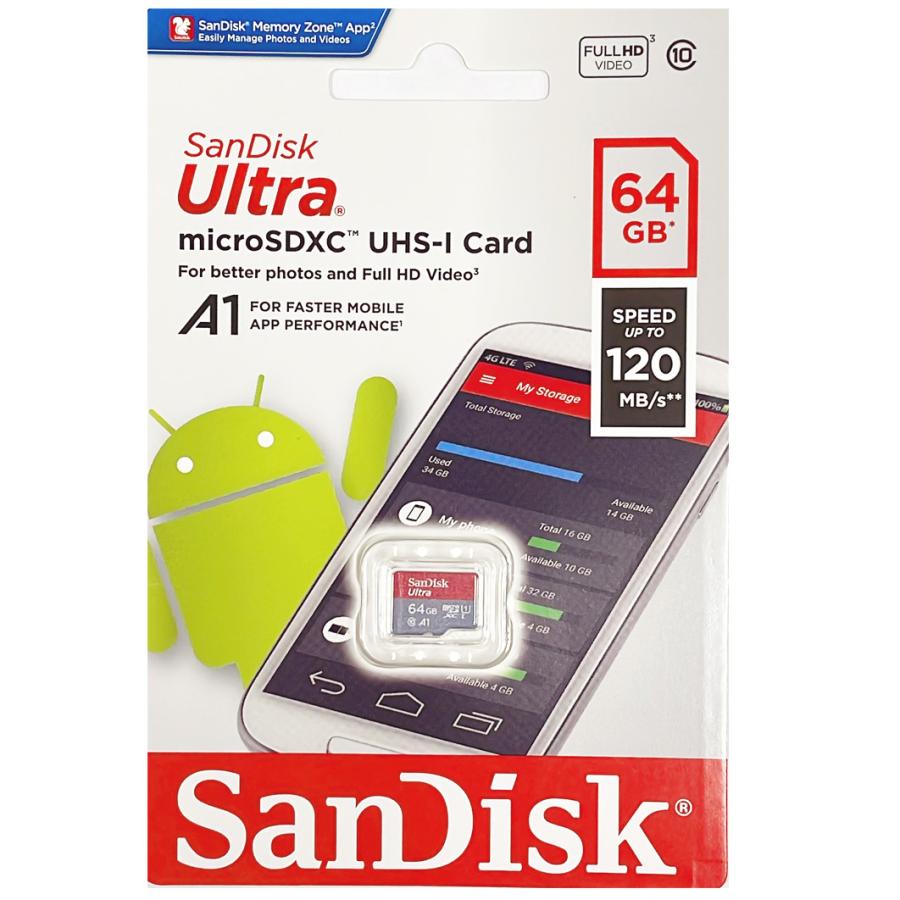 microsdカード 64GB SanDisk サンディスク 120MB/秒 アプリ最適化 A1対応 microSDXC Class10 超高速 海外向けパッケージ SDカード変換アダプター付き 送料無料｜nissin-lux｜03