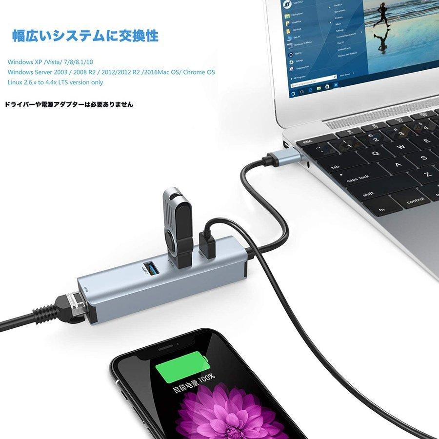 USB 有線lanアダプタ、USB3.0ハブ 有線LAN RJ45変換アダプター 4-in-1 3xUSBポート5Gbps 1xLANポート1000Mbps 高速転送 1000Mbps超高速 lanアダプタ｜nissin-lux｜03