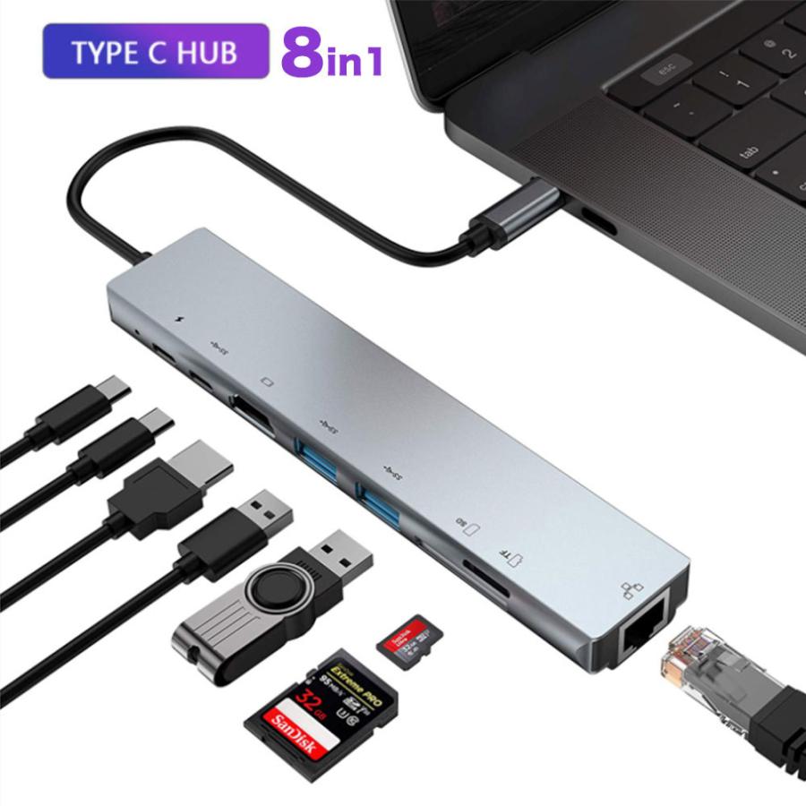 USB ハブ Type-C 8 in 1 USB C→HDTV シルバー Amazon | USB C ハブ 8in1 Type C ハブ【 4K HDMIポート / LAN