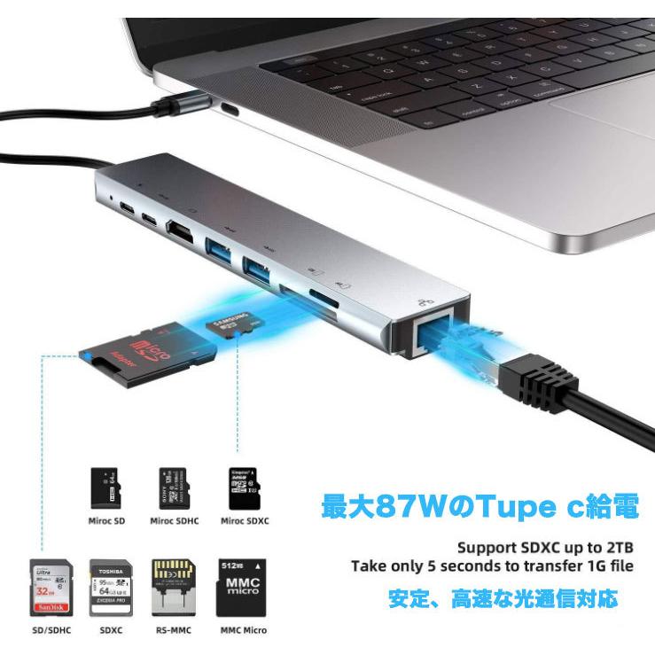 Type C 変換アダプタ 8in1 グレーUSB C ハブ Type C USB Type-c Hub HDMI出力 PD給電 LAN 高速通信USB3.0 ハブ  カード リーダー 8in1 タイプC 変換｜nissin-lux｜02