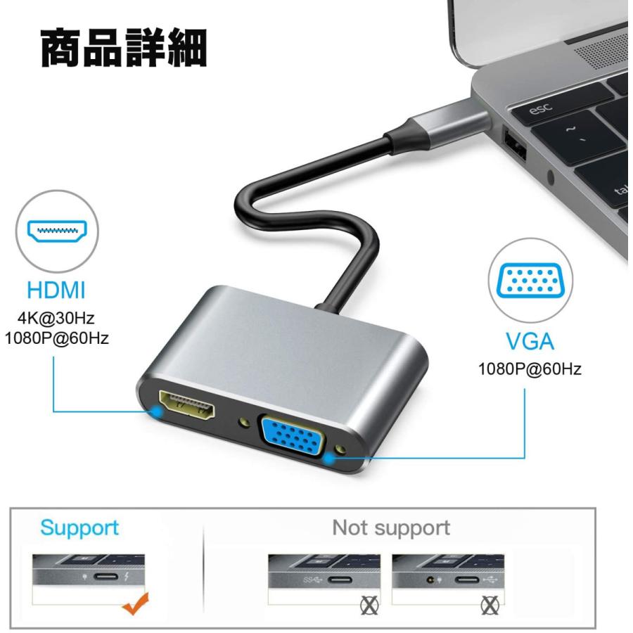 USB Type C to HDMI VGA 変換アダプタ USB Type C ハブ2 in 1 Thunderbolt 3 to VGA HDMI 4K UHDコンバータ 変換アダプタ｜nissin-lux｜03
