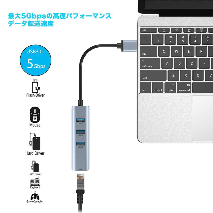 USB 有線lanアダプタ、USB3.0ハブ 有線LAN RJ45変換アダプター 4-in-1 3xUSBポート5Gbps 1xLANポート1000Mbps 高速転送 1000Mbps超高速 lanアダプタ｜nissin-shop｜05