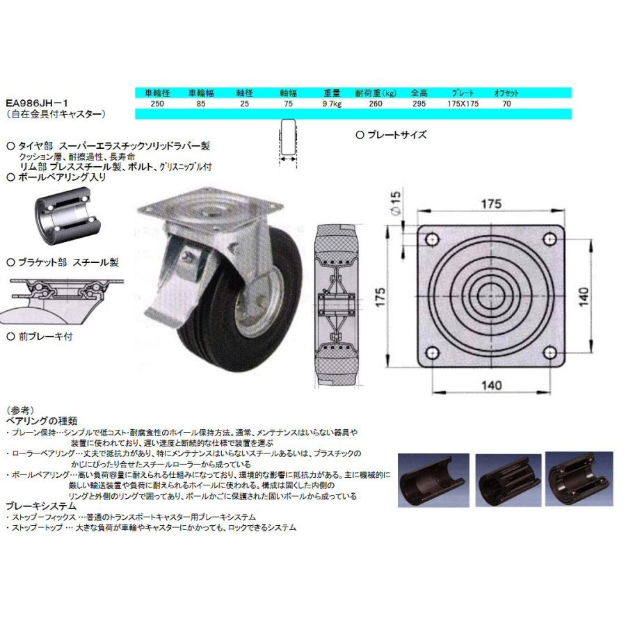 金具付キャスター（自在前ストッパー　250X85mm[車輪径Ｘ幅])