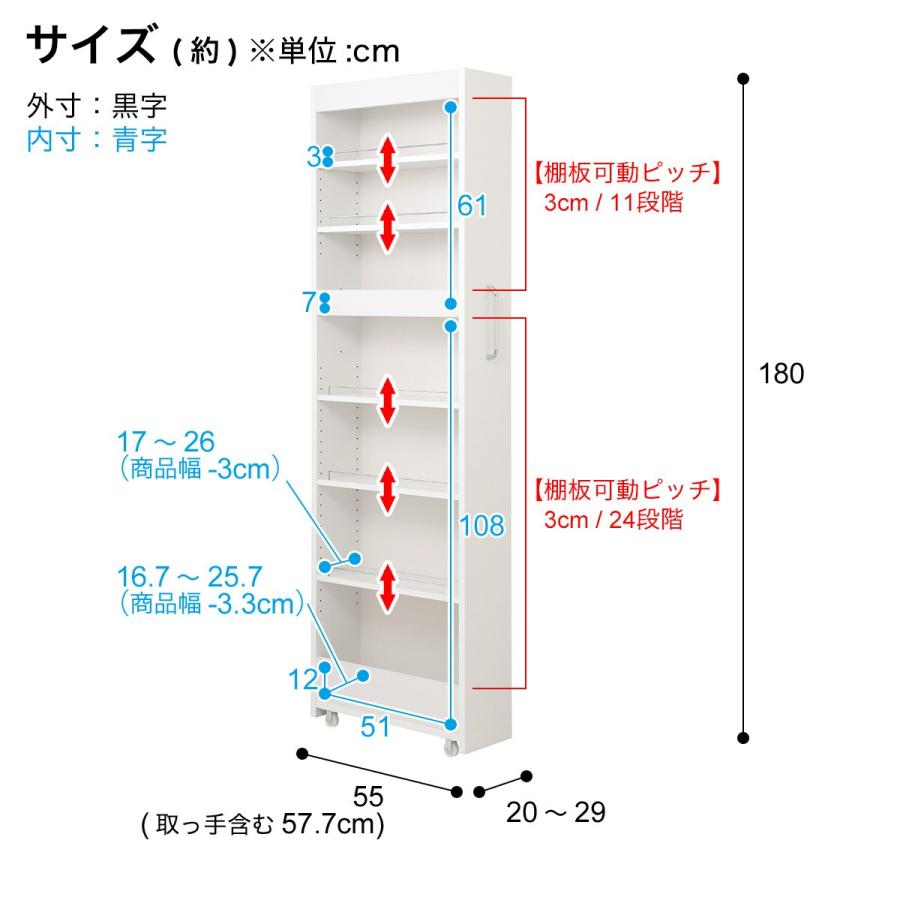 ニトリ（NITORI） 棚7段 頑丈すき間ワゴン (幅20×奥行55cm WH