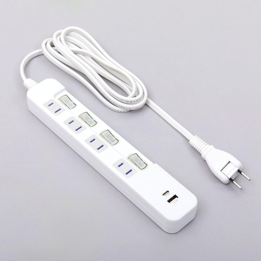 USB付節電タップ4個口 2m(Type-A 1ポート＋Type-C 1ポート)(LB-4C4S