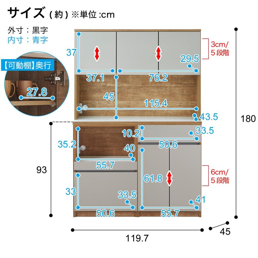 シンプルキッチンボード 120 (上オープン 下オープン＋扉 GY) ニトリ_13