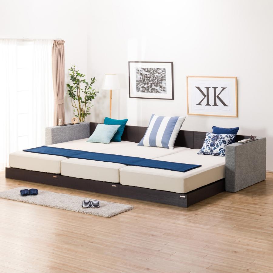 シングルフロアベッド3台セット+クッションキャビネット2個 (棚