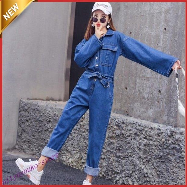 つなぎ おしゃれ ツナギ デニムパンツ ベルト付き レディース 4色 カバーオール オールインワン 大きいサイズ サロペット着痩せ カジュアル 長袖 Fitnvs One Leaf 通販 Yahoo ショッピング