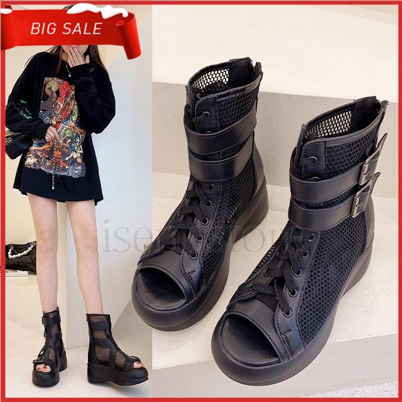 厚底サンダル 夏サマーブーツ メッシュ 透かし Pu切替 インヒール ウェッジショートブーツ レディース グラディエーター ブーツサンダル 美脚 Iseiar One Leaf 通販 Yahoo ショッピング