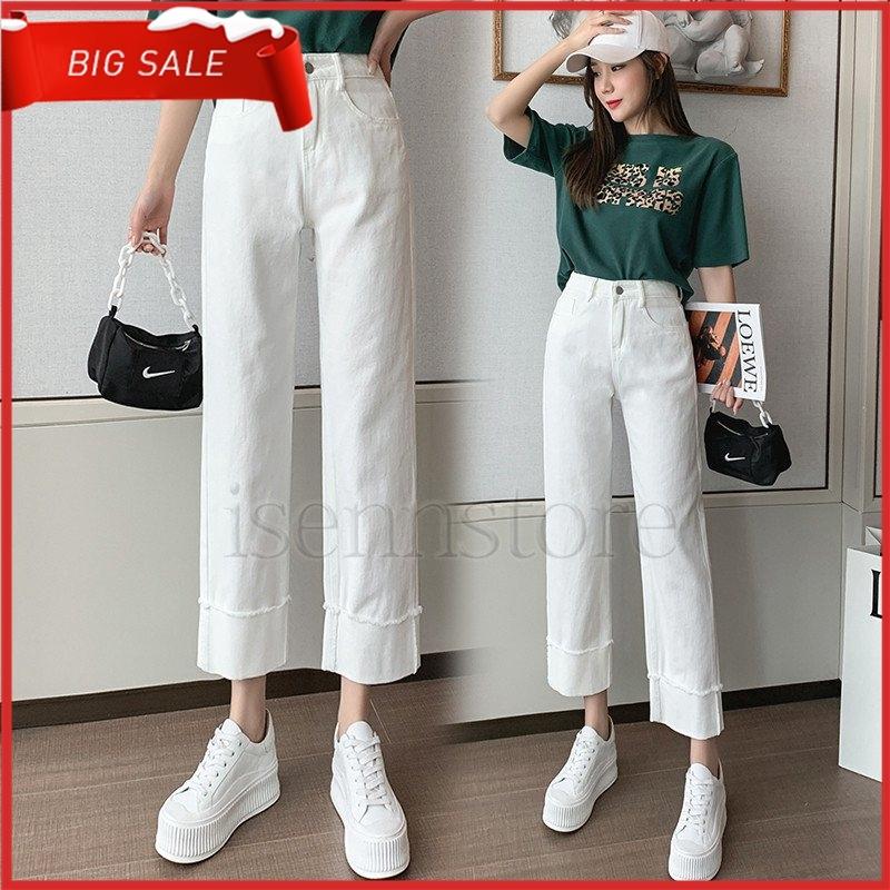 カラーデニム ジーンズ レディース デニムパンツ ハイウエスト ストレートデニム 無地 9分丈 ホワイトデニム ワイドパンツ ゆったり カジュアル Iseiar One Leaf 通販 Yahoo ショッピング