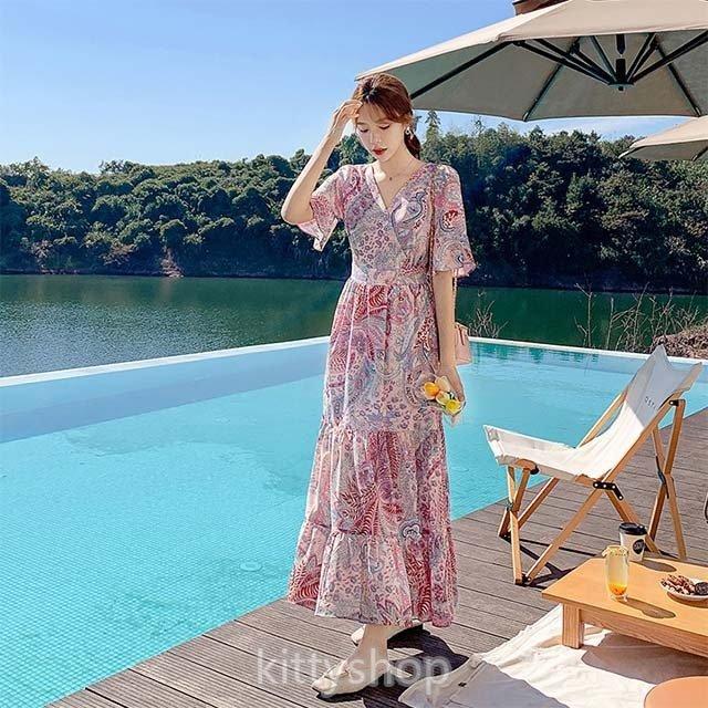 マキシ丈ワンピース Vネック シフォンワンピース プリント オシャレ ロングワンピース 夏 海外旅行 リゾートワンピース ピンク 代 30代 Nit Kitoya One Leaf 通販 Yahoo ショッピング