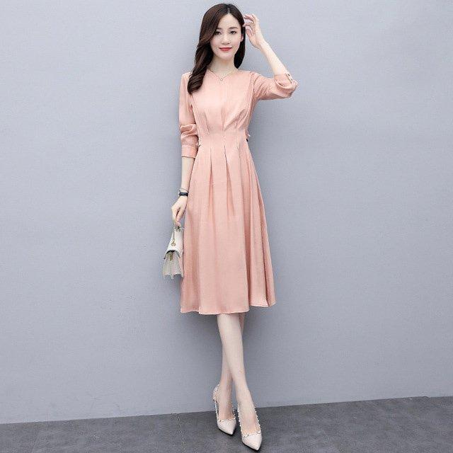 ピンク ワンピース ドレス 二次会 お呼ばれ 代 30代 上品 長袖 Aラインワンピース ロング ミモレ丈 パール エレガント 無地 大きいサイズ Nit Kitoya One Leaf 通販 Yahoo ショッピング