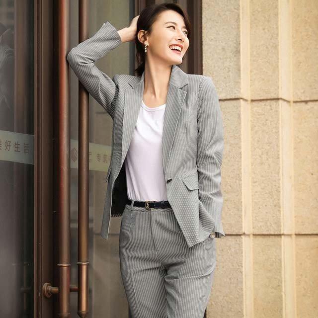 パンツスーツ 上下セット 春夏スーツ レディース ストライプグレー ピンク ビジネススーツ 通勤 Ol 女性 オフィス 韓国風 おしゃれ 着痩せ 上品 Nit Kitoya One Leaf 通販 Yahoo ショッピング