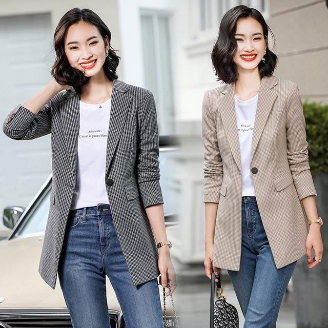 ジャケット レディース 細身 着痩せ 春 秋 テーラードジャケット チェック柄 ロング丈ジャケット ミディアム丈 スーツジャケット コート アウター 名入れ無料