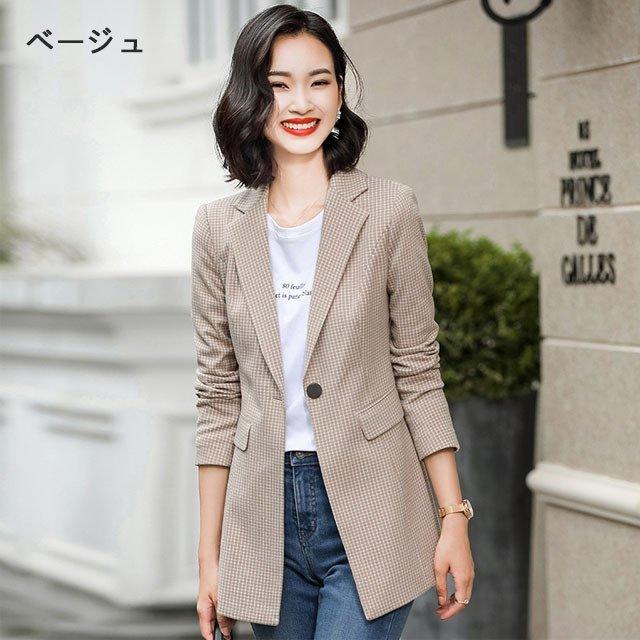 ジャケット レディース 細身 着痩せ 春 秋 テーラードジャケット チェック柄 ロング丈ジャケット ミディアム丈 スーツジャケット コート アウター 名入れ無料