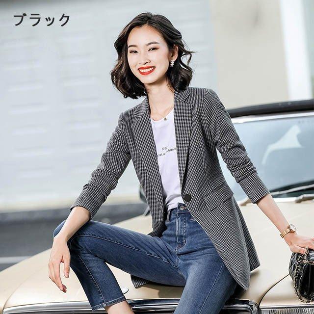 ジャケット レディース 細身 着痩せ 春 秋 テーラードジャケット チェック柄 ロング丈ジャケット ミディアム丈 スーツジャケット コート アウター 名入れ無料