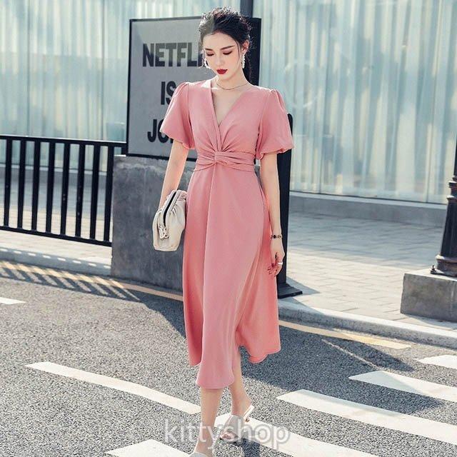 グリーン ワンピース 夏 結婚式ドレス ミモレ丈ワンピース ピンク パーティードレス 代 30代 パフスリーブ Aラインワンピース Vネック Nit Kitoya30 One Leaf 通販 Yahoo ショッピング