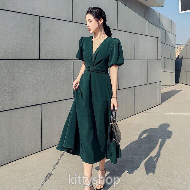 グリーン ワンピース 夏 結婚式ドレス ミモレ丈ワンピース ピンク パーティードレス 代 30代 パフスリーブ Aラインワンピース Vネック Nit Kitoya30 One Leaf 通販 Yahoo ショッピング