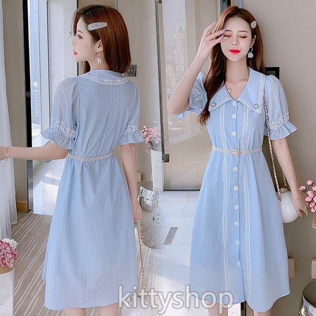 ワンピース レディース 代 夏 襟付き Aラインワンピース 可愛い ブルー 水色 ロングワンピース パフスリーブ レース キレイめ 半袖ワンピース Nit Kitoya One Leaf 通販 Yahoo ショッピング