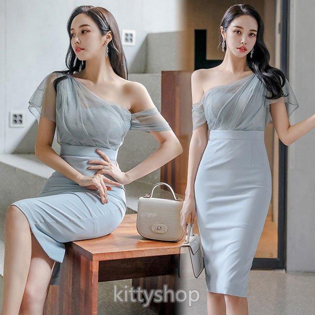 韓国風 ワンピース ドレス パーティー ワンショルダー タイトワンピース 30代 二次会 お呼ばれドレス ワンピース ライトブルー 膝丈ワンピース Nit Kitoya One Leaf 通販 Yahoo ショッピング