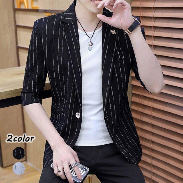 テーラードジャケット メンズ 7分袖 夏 ジャケット 薄手 サマージャケット ブラック ホワイト ストライプ スーツジャケット ブレザー 大きいサイズ Nit Kitoya One Leaf 通販 Yahoo ショッピング