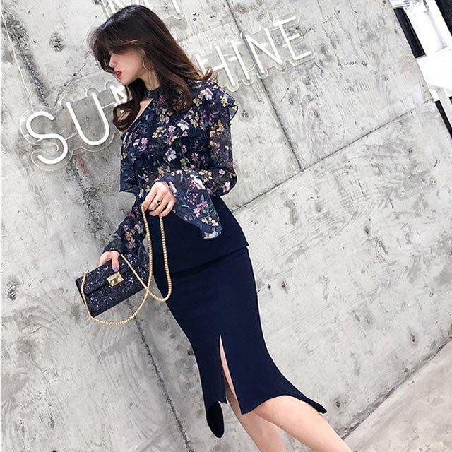 希少 可愛い セットアップ レディース シフォンシャツトップス プリント膝丈スカート ひざ丈スカート Imexporta Gr