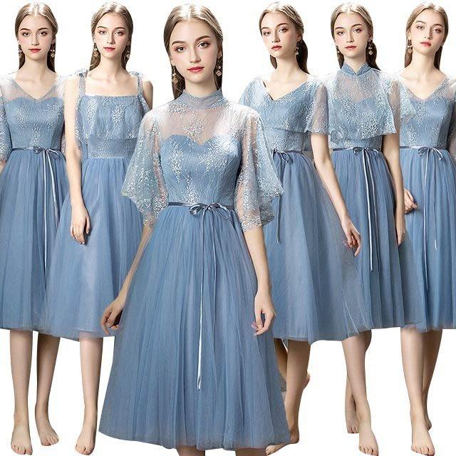 6タイプ ブライズメイド ドレス ブルー ミモレ丈 結婚式ワンピース 二次会 花嫁 ドレス パーティドレス ピアノ発表会 ドレス 大人 Aラインドレス T ポイント5倍