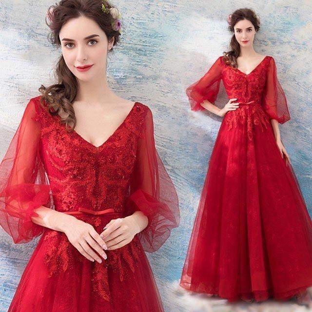 人気ブランド新作豊富 Aラインドレス ワイン赤 ロングドレス 着痩せ お洒落 チュール袖 パフスリーブ 50代 40代 30代 お呼ばれドレス 二次会 結婚式ドレス パーティドレス サイズ S Hqpt Com