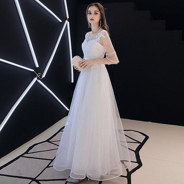 正規品質保証 ロングドレス 透け感 白 パーティードレス 演奏会 二次会 結婚式 お呼ばれ 発表会 誕生日 丸襟 カクテルドレス フレア袖 パーティ ドレス サイズ M