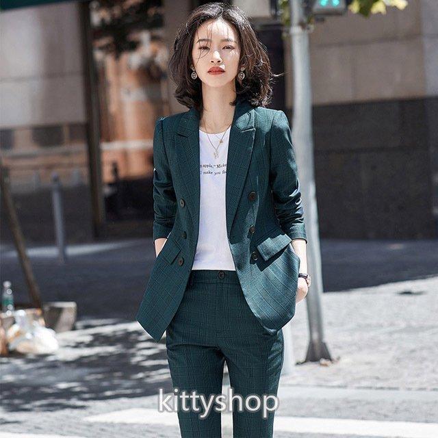 チェック柄 スーツ レディース 緑 パンツスーツ 2点セット 通勤 Ol オフィススーツ フォーマル スーツ 春 30代 40代 グリーン パープル Nit Kitoya One Leaf 通販 Yahoo ショッピング