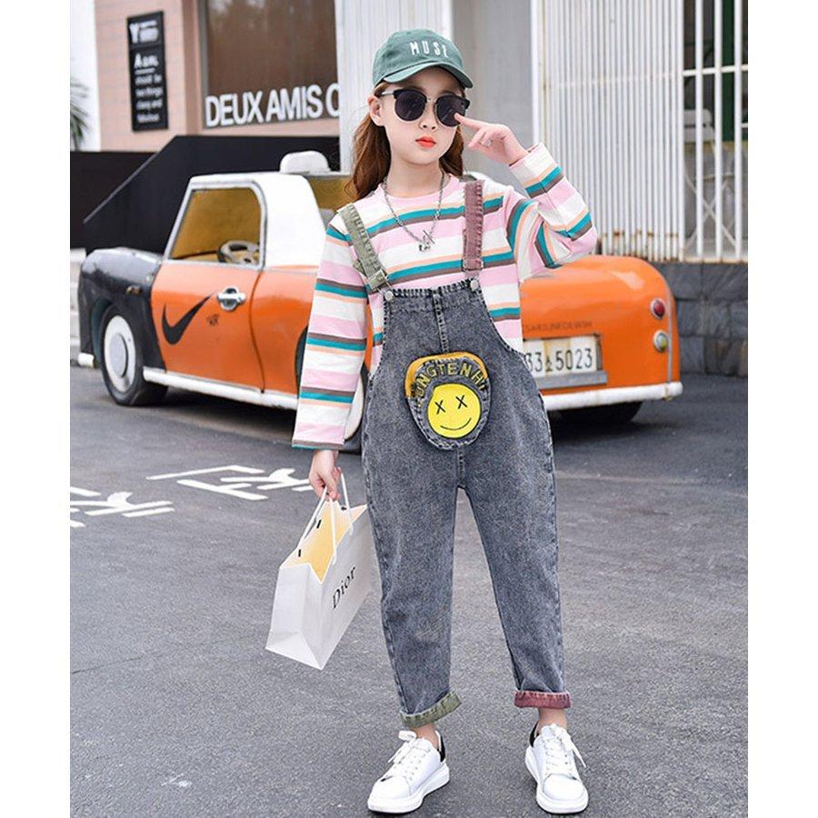 春秋上下セット 普段着 おしゃれ カジュアル キッズ ジュニア ボーダー柄tシャツ デニムオーバーオール 可愛いシンプル 女の子 子供服セットアップ 通学着 長袖 セール開催中最短即日発送 通学着