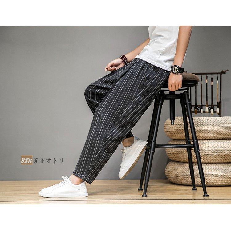 リネンパンツ メンズ 麻 ストライプパンツ サルエルパンツ ボトムス ゆったり 涼しいズボン 夏ズボン 麻ズボン 夏 初回限定お試し価格