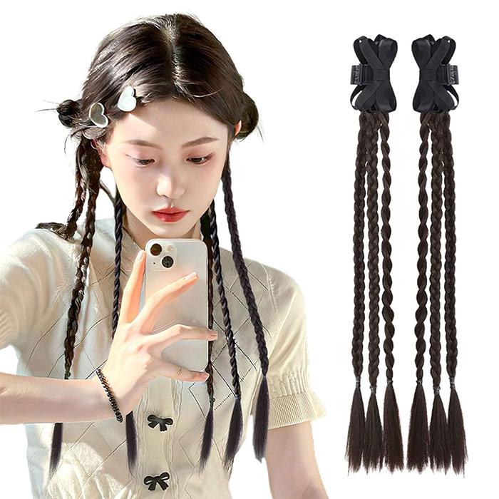 三つ編み ロープ編み ヘアクリップ付き エクステ 2本セット 編み込み
