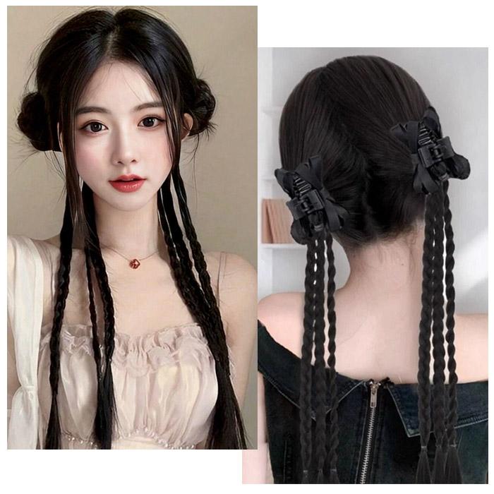 三つ編み ロープ編み ヘアクリップ付き エクステ 2本セット 編み込み