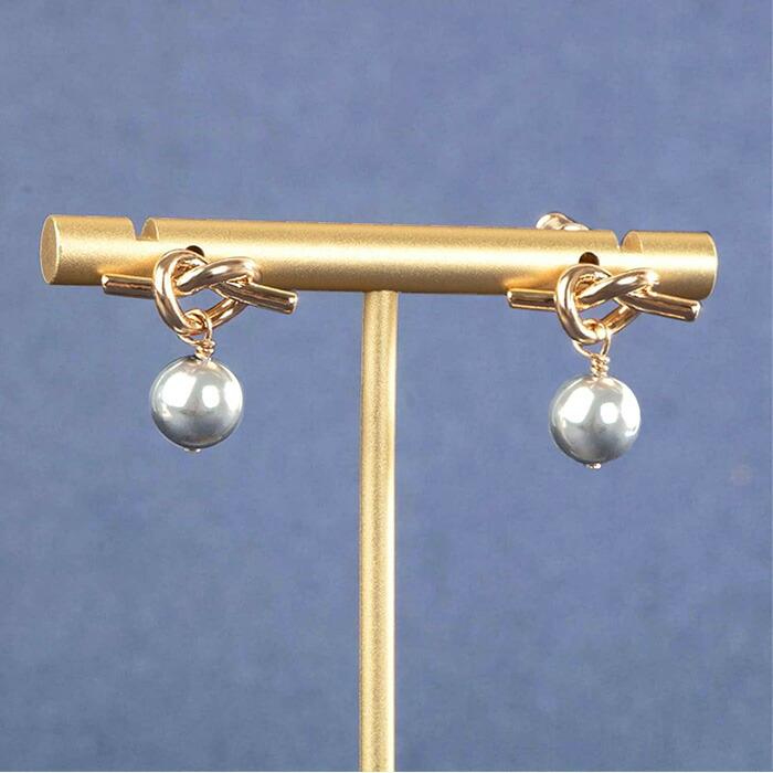 パール 結び目 ピアス 一粒 揺れる ノットピアス 14K グレーパール