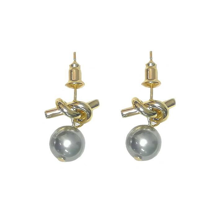 パール 結び目 ピアス 一粒 揺れる ノットピアス 14K グレーパール