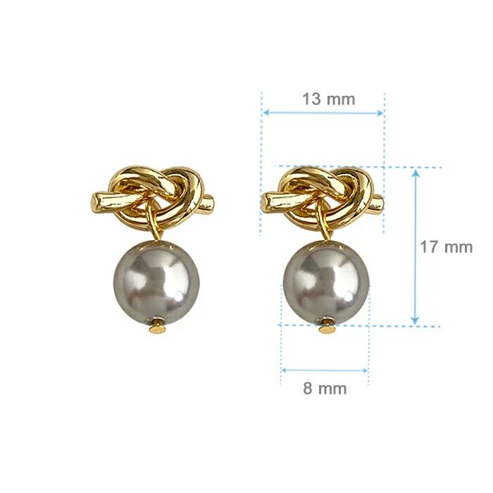 パール 結び目 ピアス 一粒 揺れる ノットピアス 14K グレーパール