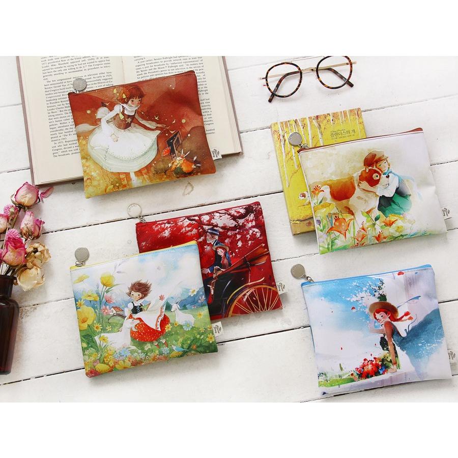 クラシック ポーチ/小物入れ ふしぎの国のアリス ブラウン （イラスト：キム・ミンジ） INDIGO 『美しい古典シリーズ』コスメ 、ペンケース  185×155 mm