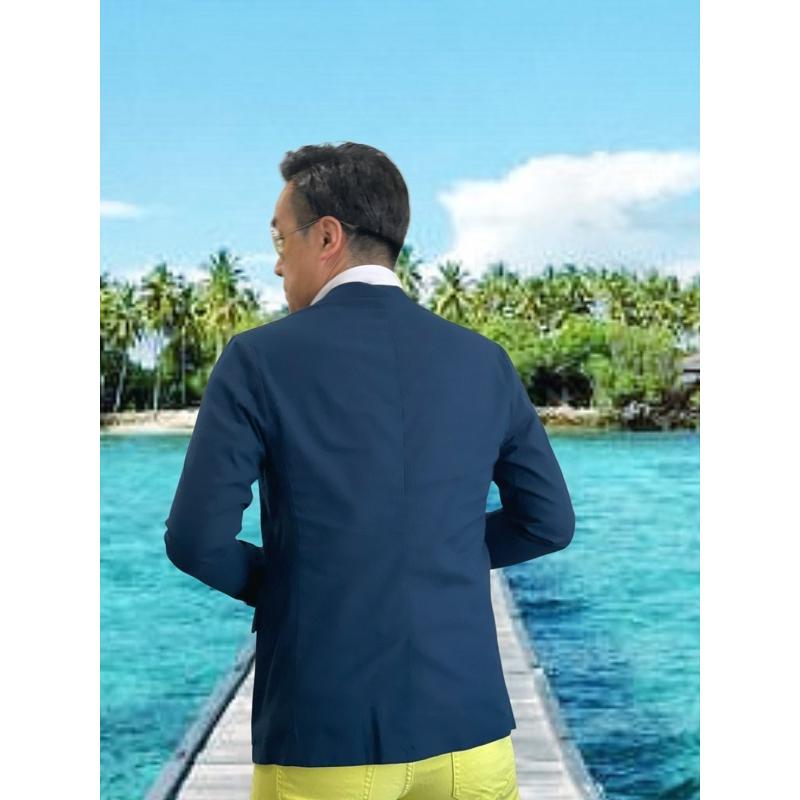 綿麻混ストレッチ春夏ジャケットネイビー/テーラード/ジャケスラ